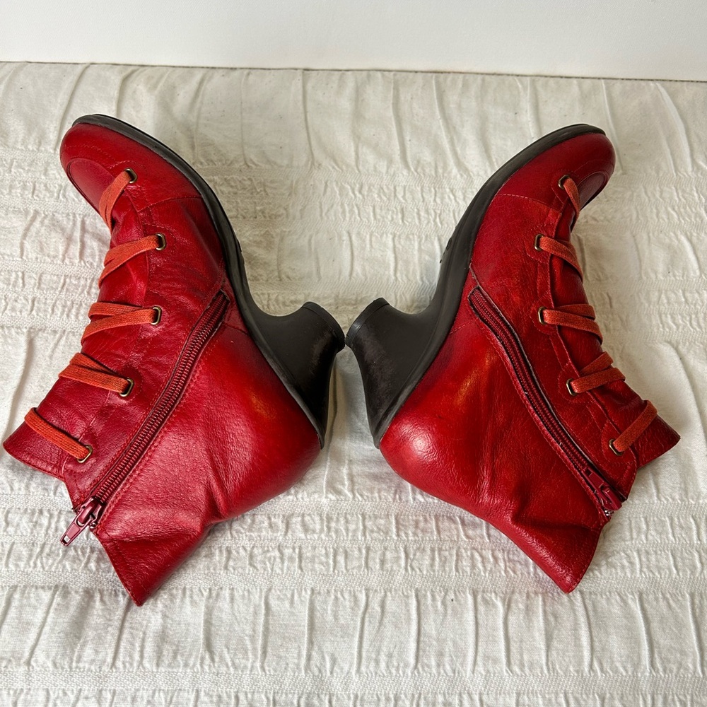 Miz Mooz Red Leather Lace Kitten Heel Boots - Picture 7 of 11
